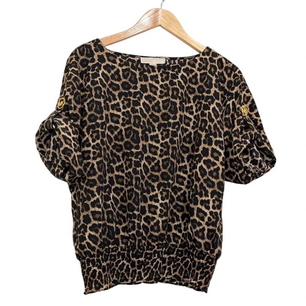 Michael Kors Blouse Leopard Animal Print Smocked Waist Puff Sleeve - Medium